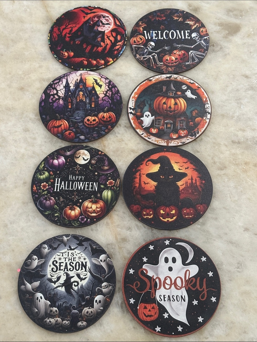 Halloween Round Wooden Coaster Set - Orange, Black, Purple Designs